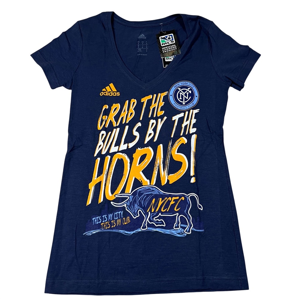 Adidas NYCFC MLS Womens Small Navy Blue V-Neck Graphic T-Shirt New With Tags